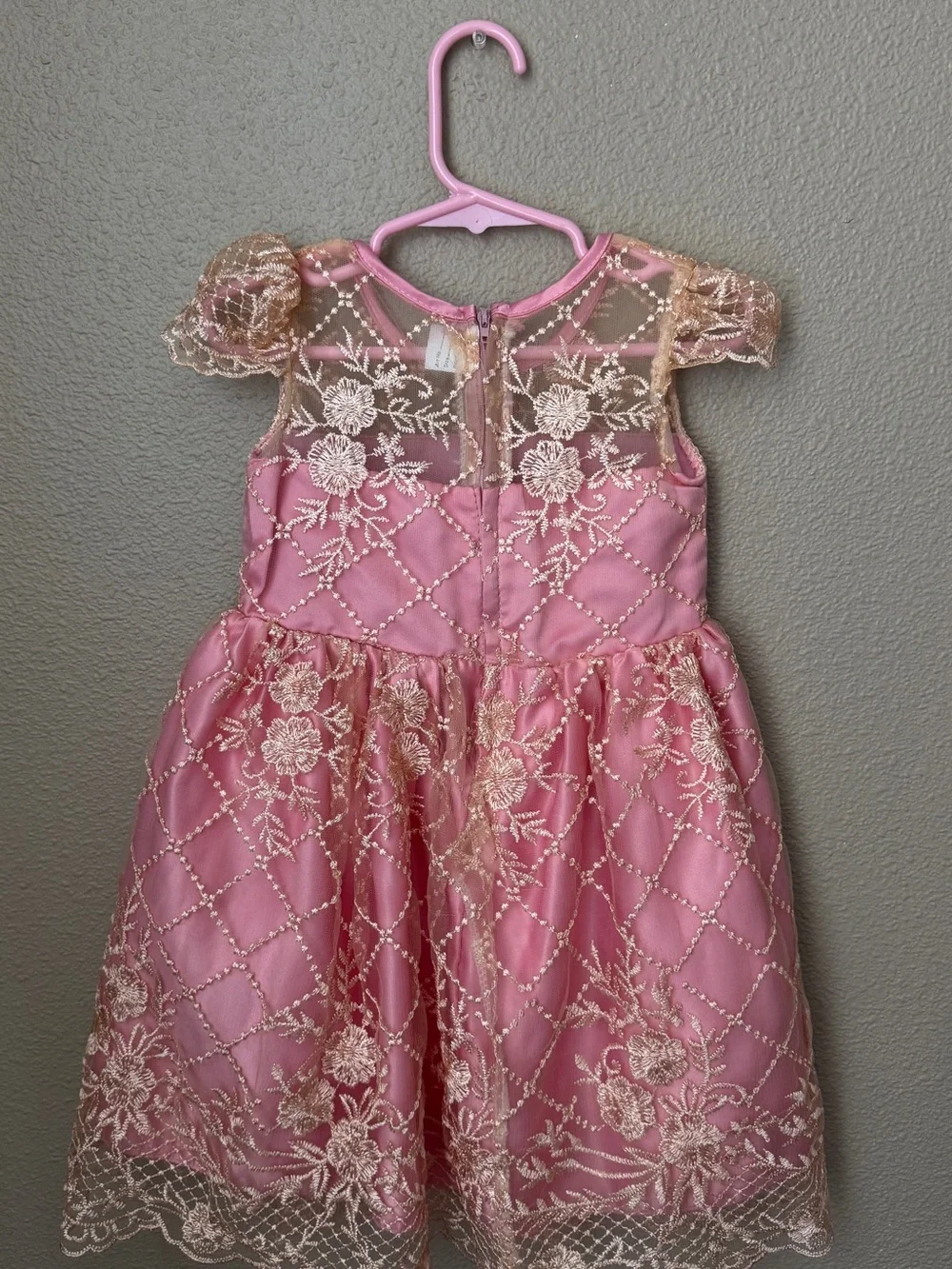 Girls Pink Lace Party Dress with Gold Embroidery